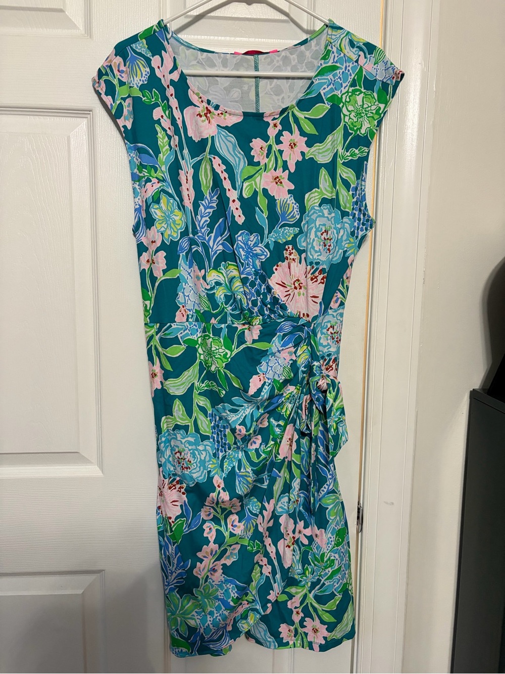 Lilly Pulitzer Teal Floral Cap-Sleeve Wrap Dress